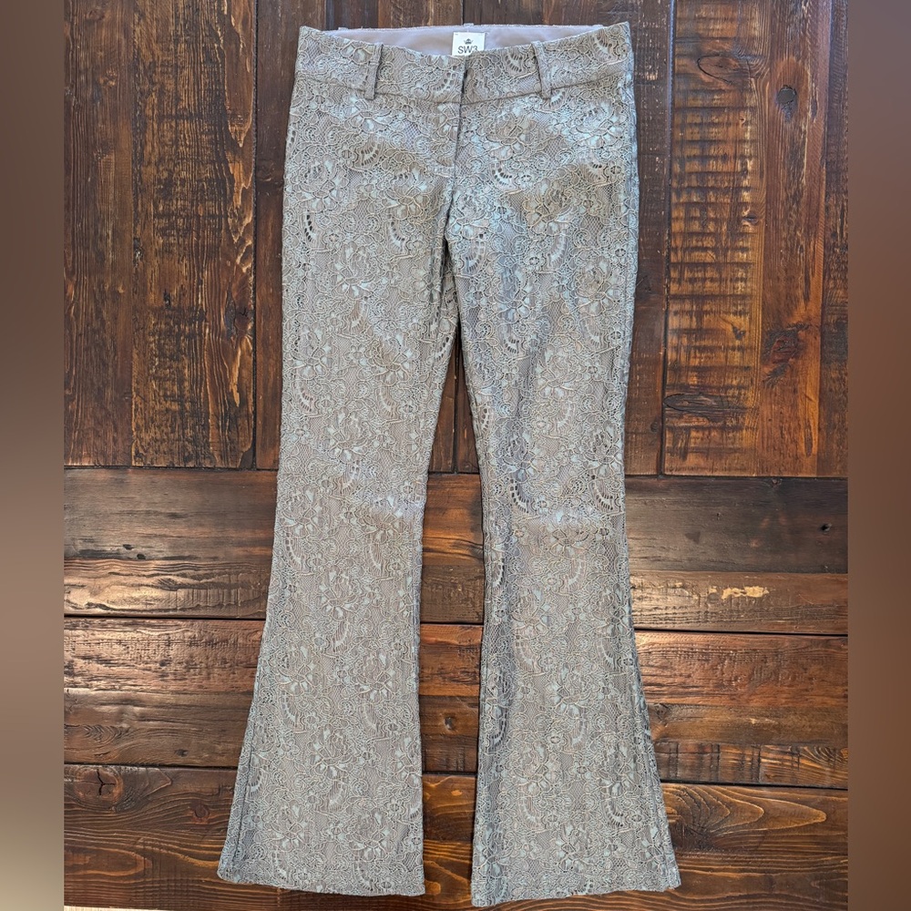 SW3 Bespoke Lace Flare Pants in shades of silver, grey, gold & blue. Sz 4.  EUC